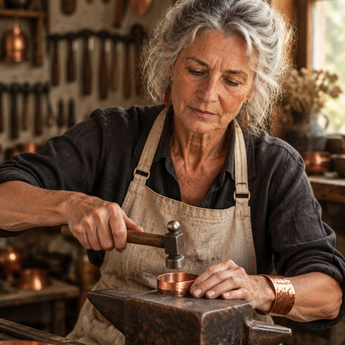 Colette martèle le cuivre à la main dans son atelier