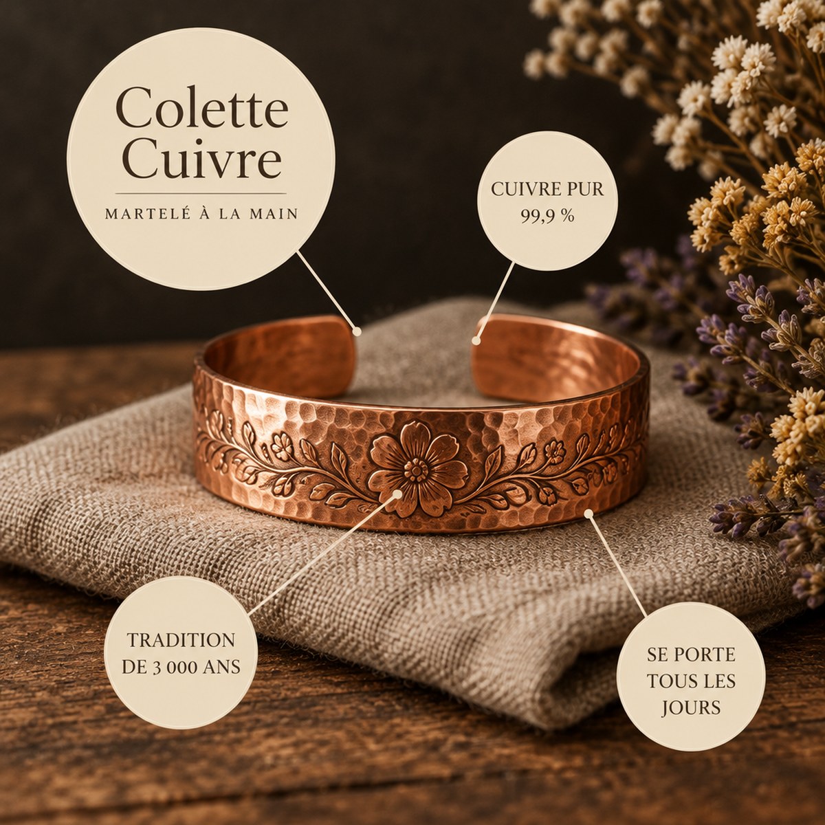 Colette Cuivre, bracelet en cuivre pur martelé à la main