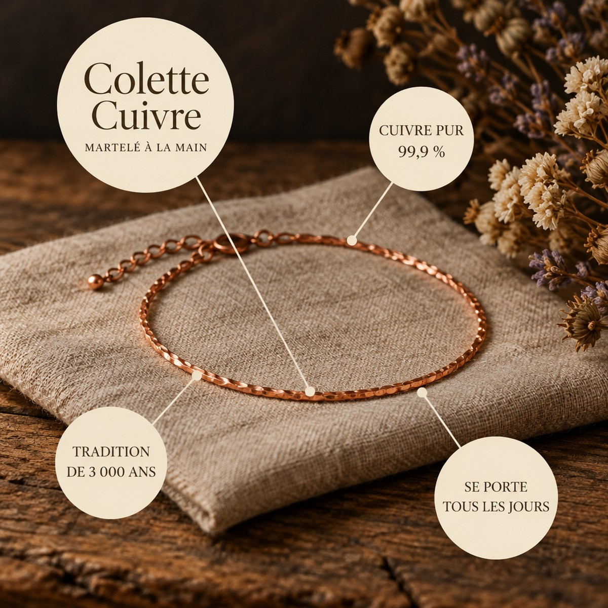 Colette Cuivre, bracelet de cheville en cuivre pur martelé à la main