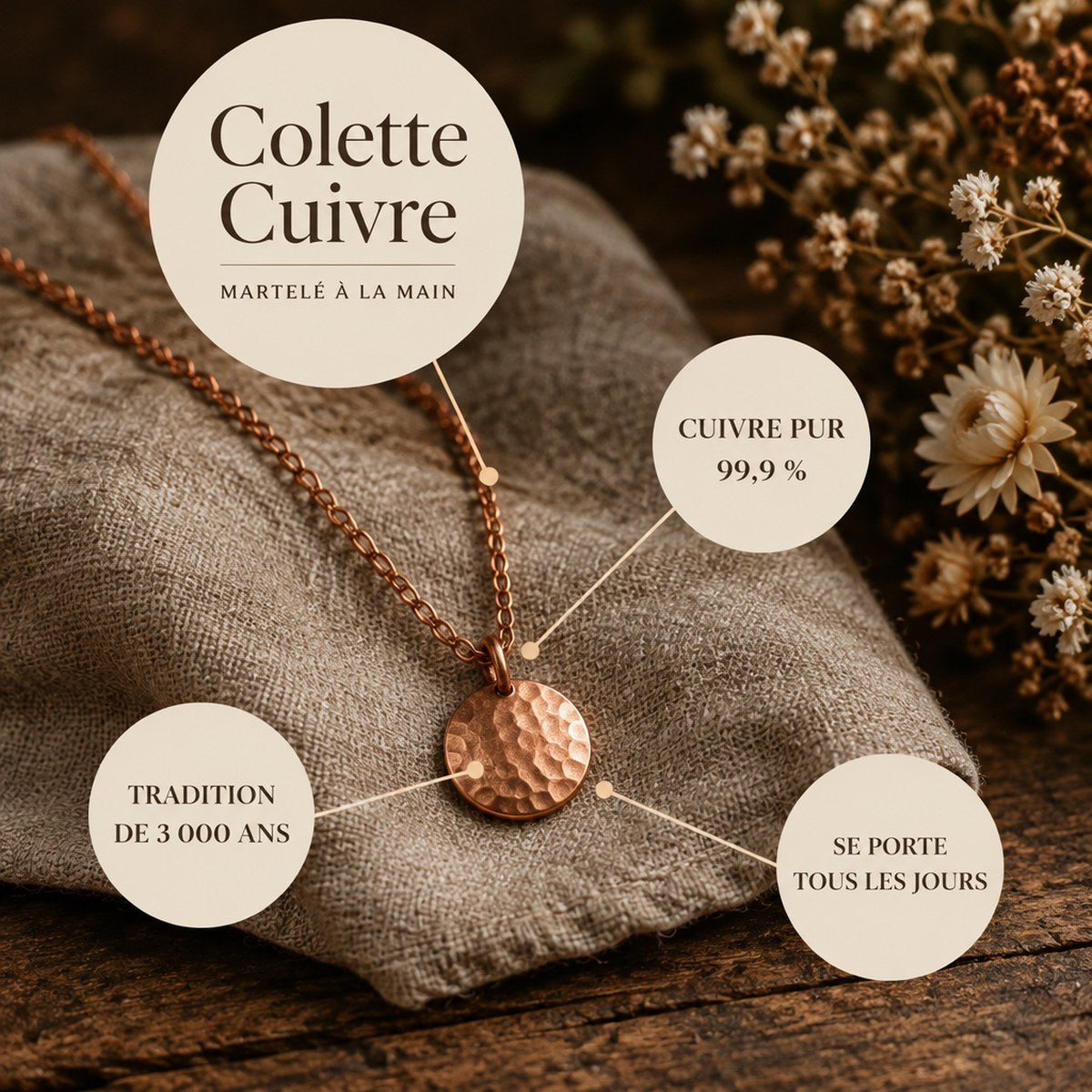 Colette Cuivre, collier en cuivre pur martelé à la main