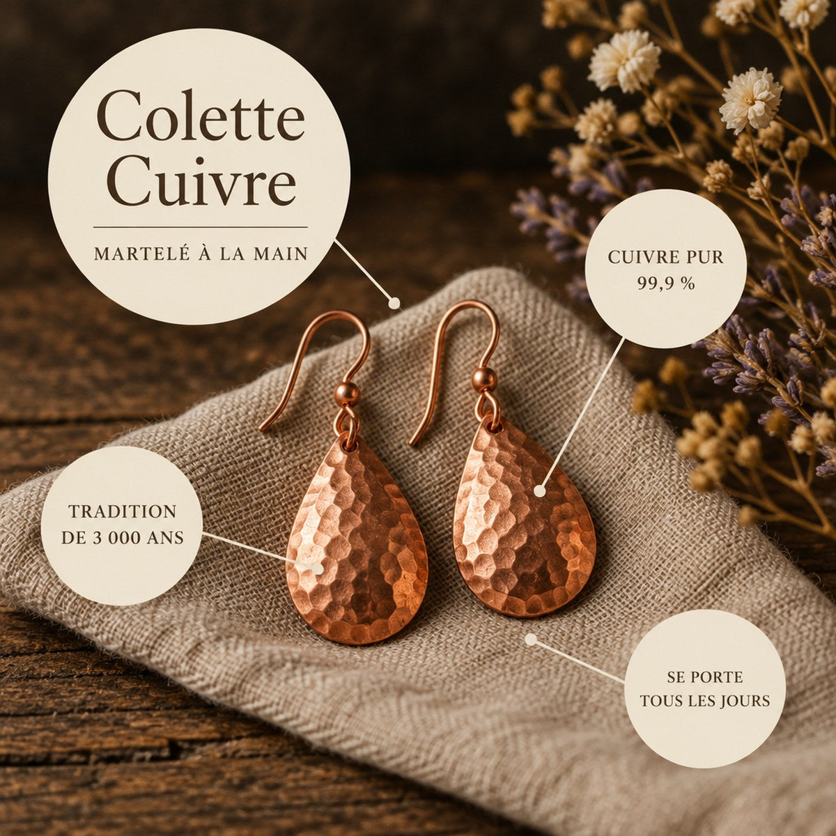 Colette Cuivre, boucles d'oreilles en cuivre pur martelé à la main
