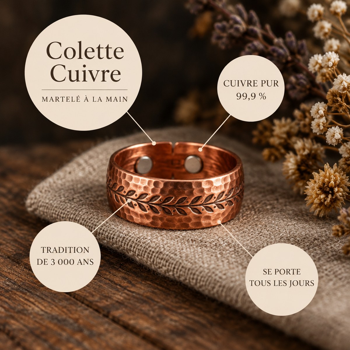 Colette Cuivre, bague en cuivre pur martelé à la main
